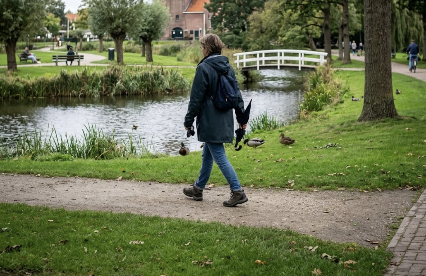 Een vrouw wandelt ontspannen door een park, een van de korte oefeningen van Qozy.