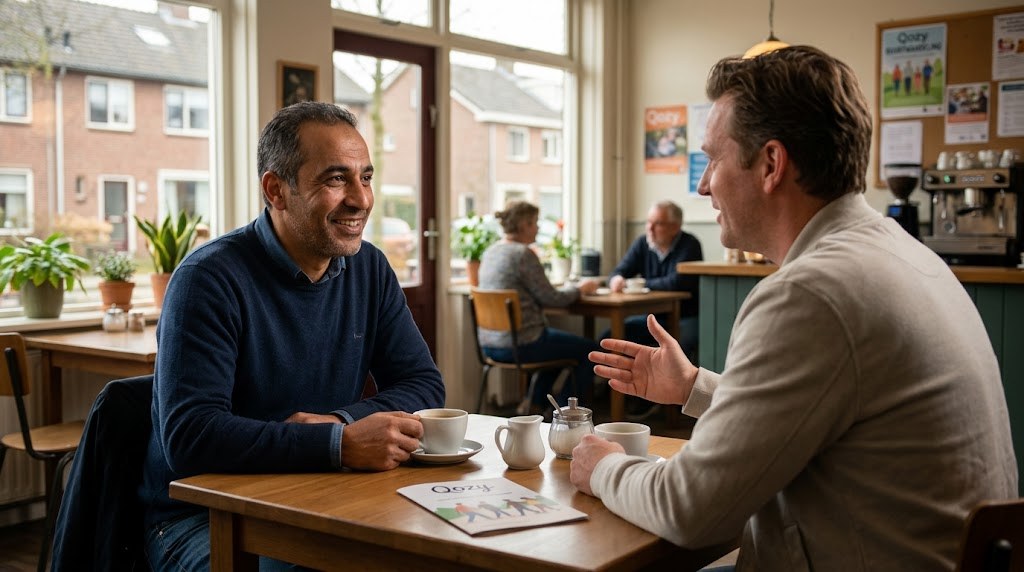 Twee mannen zitten aan een tafeltje in een café te praten met een kop koffie.