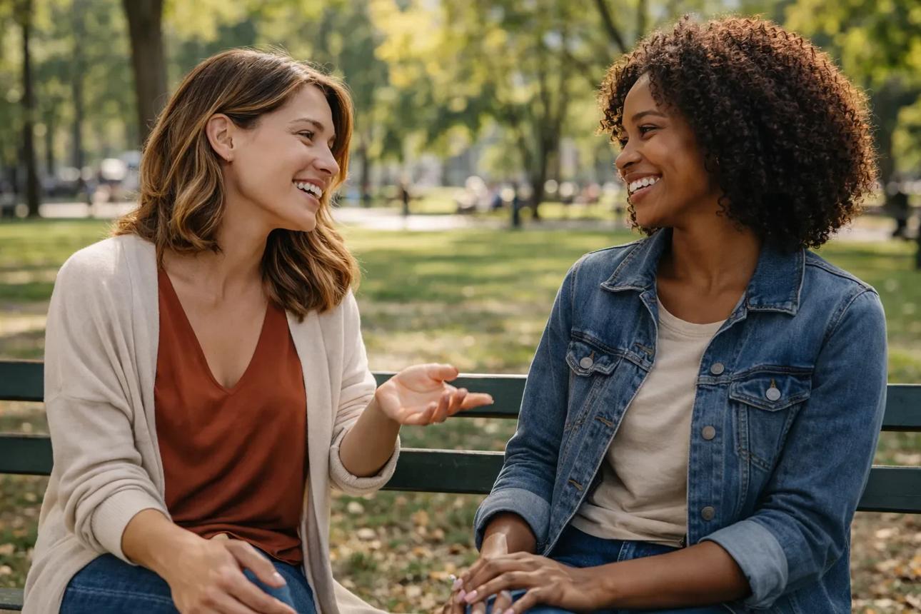 Twee vrouwen zitten op een bankje in het park en lachen met elkaar
