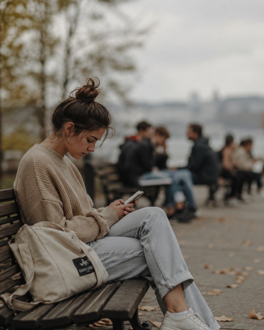 Een jongvolwassene alleen op een bankje, opgaand in haar telefoon terwijl anderen samen zijn