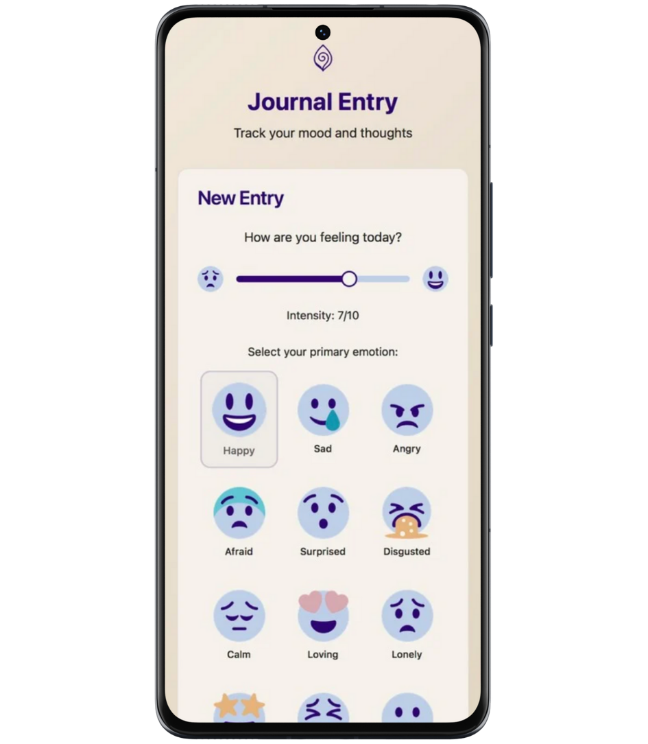Dagboek met stemming en notitie in de Qozy-app.