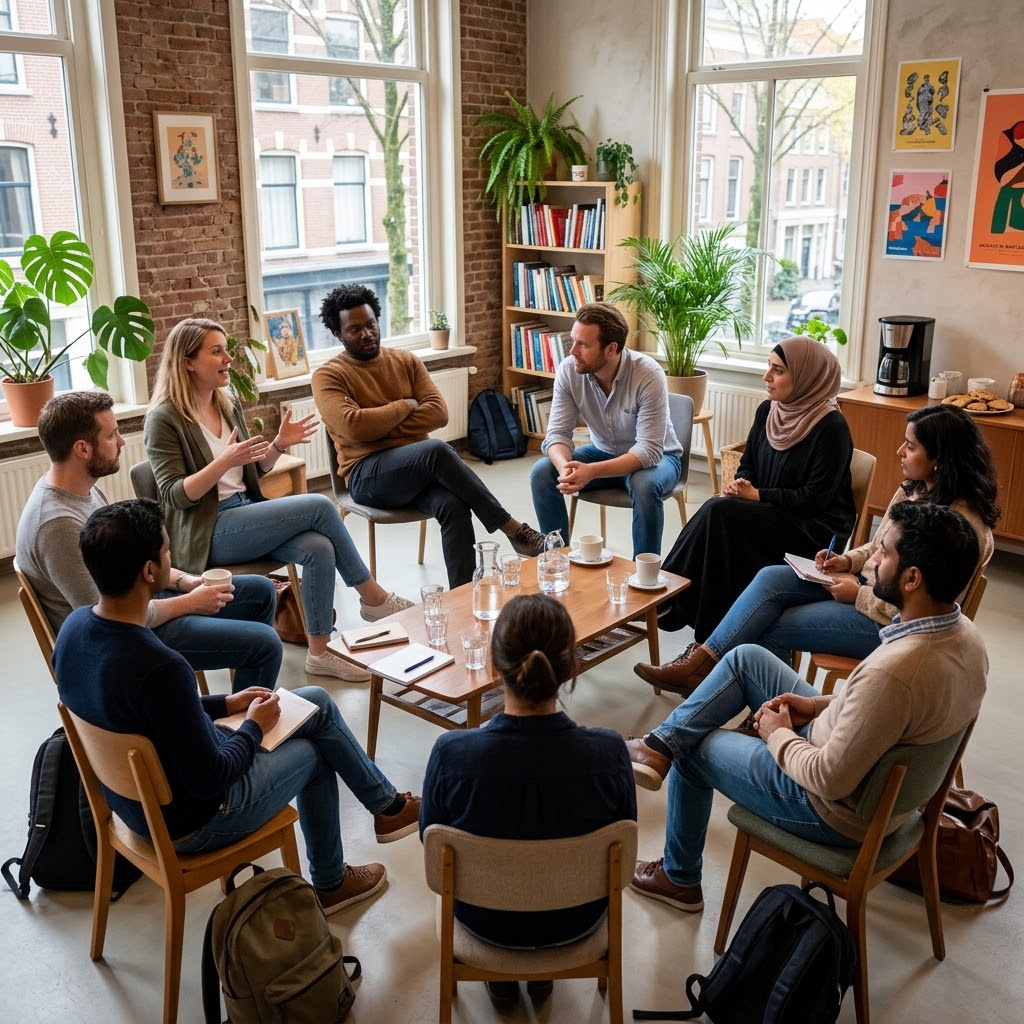 Een groep mensen zit in een kring met elkaar in gesprek tijdens een Qozy-bijeenkomst.