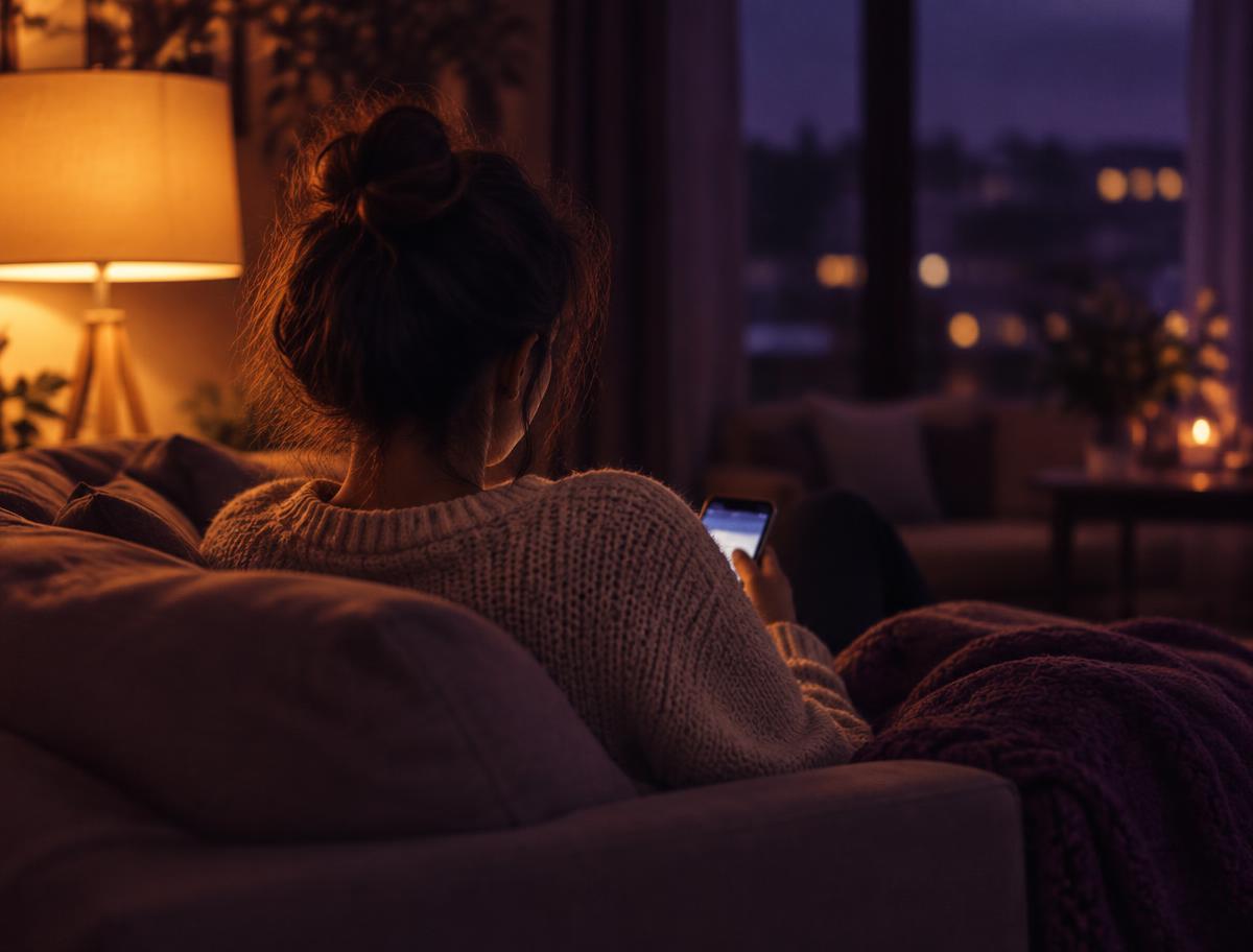 Iemand zit 's avonds alleen op de bank met een telefoon in de hand, in het zachte licht van een lamp.
