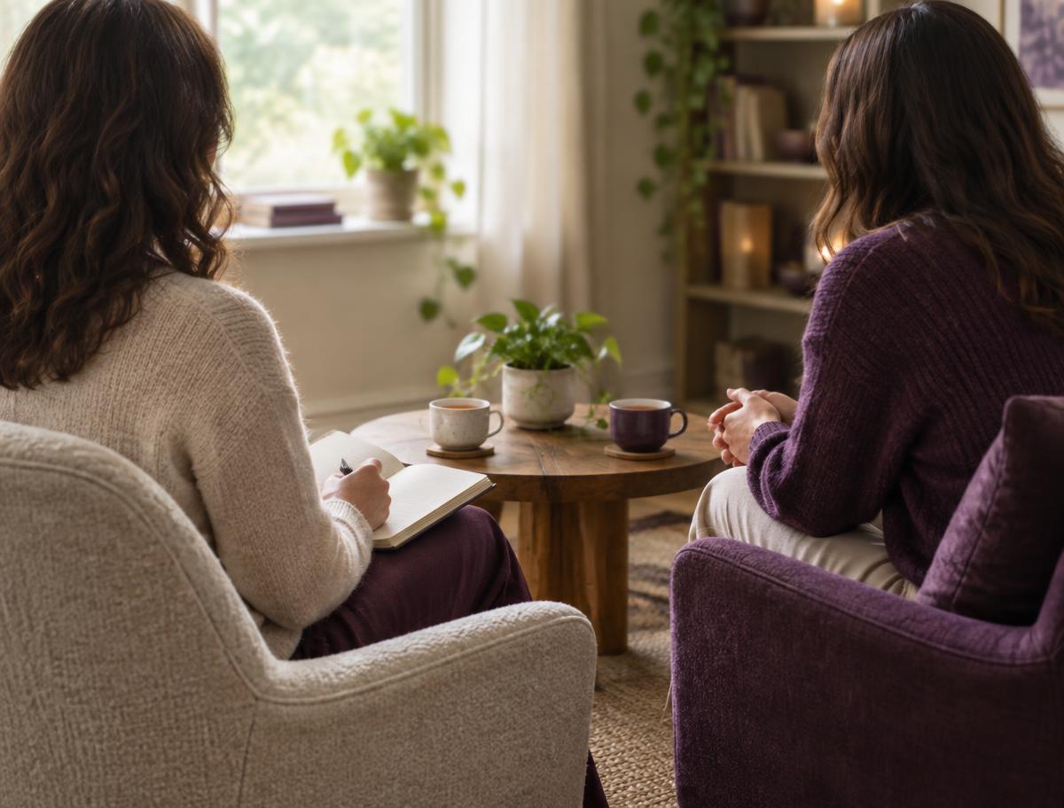 Een coach en een client zitten in een rustige kamer met elkaar in gesprek.